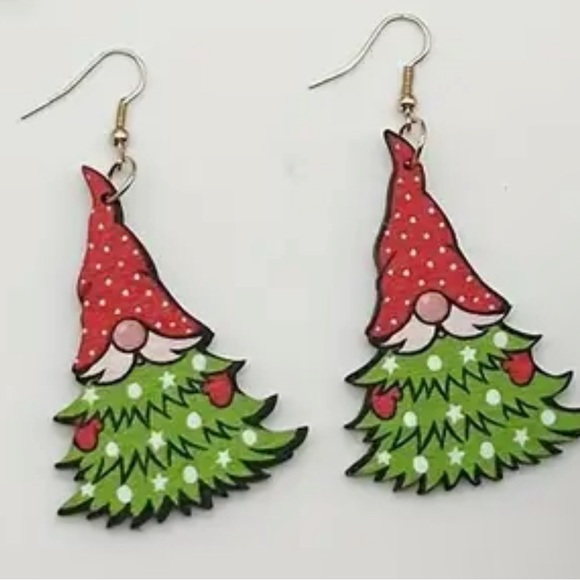 Christmas Gnome Elf Christmas Tree Earrings Wooden - Picture 1 of 3